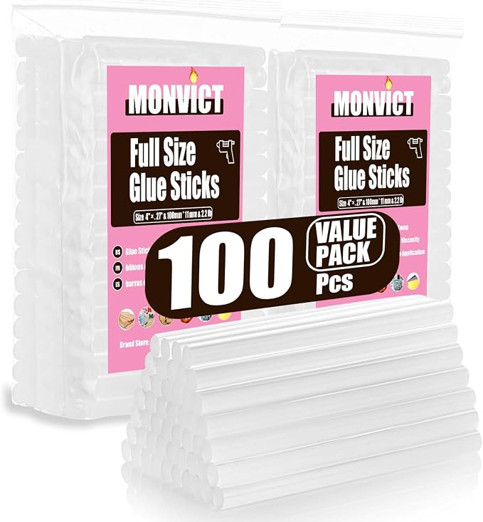MONVICT 100 Pack Full Size Hot Melt Glue Sticks | 4"Long 0.43" Diameter | Art
