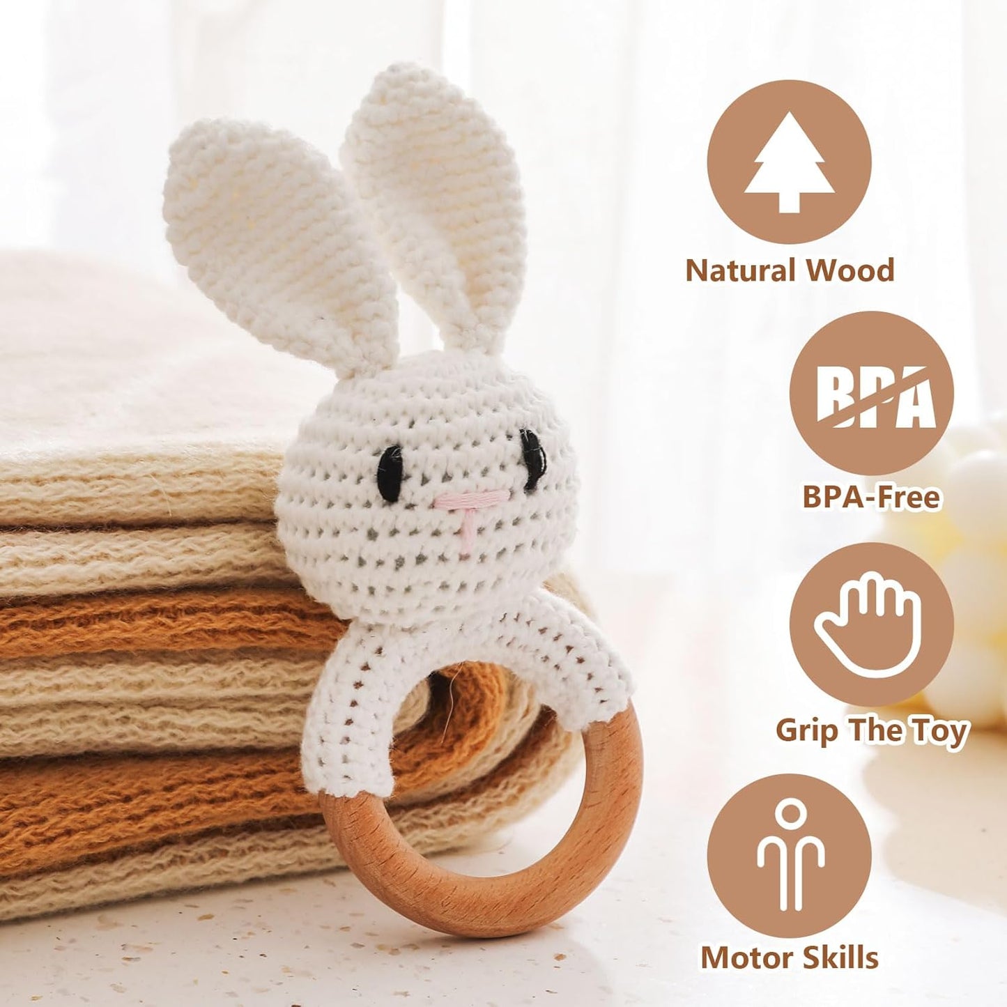 Wooden Baby Rattle，Crochet Bunny Rattle with Wood Ring, Newborn Wooden Animal Rattle Toy，Infant White Bunny Wood Rattle Toys Bunny-4
