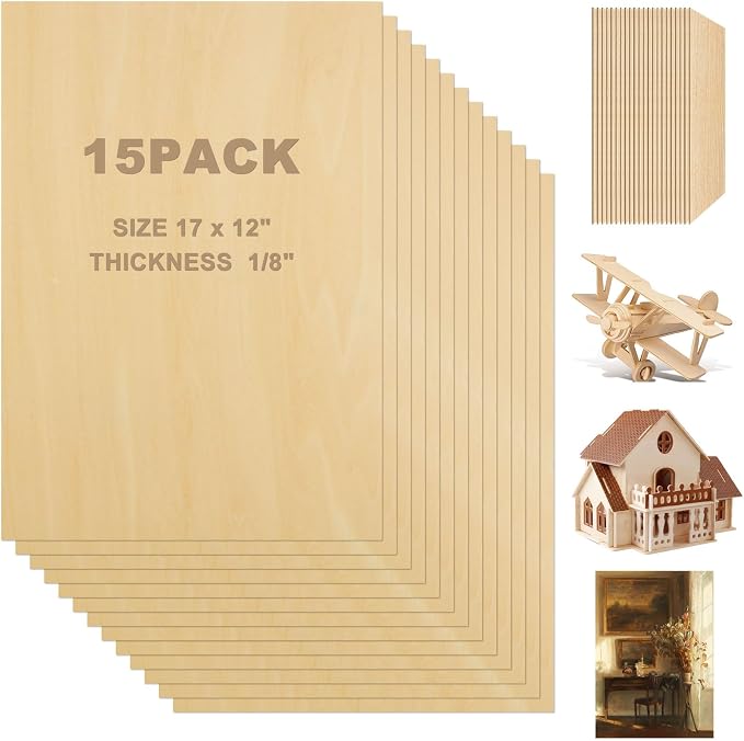 15 Pack Basswood Sheets 1/8 x 12 x 16 Inch, 3mm Plywood Sheets