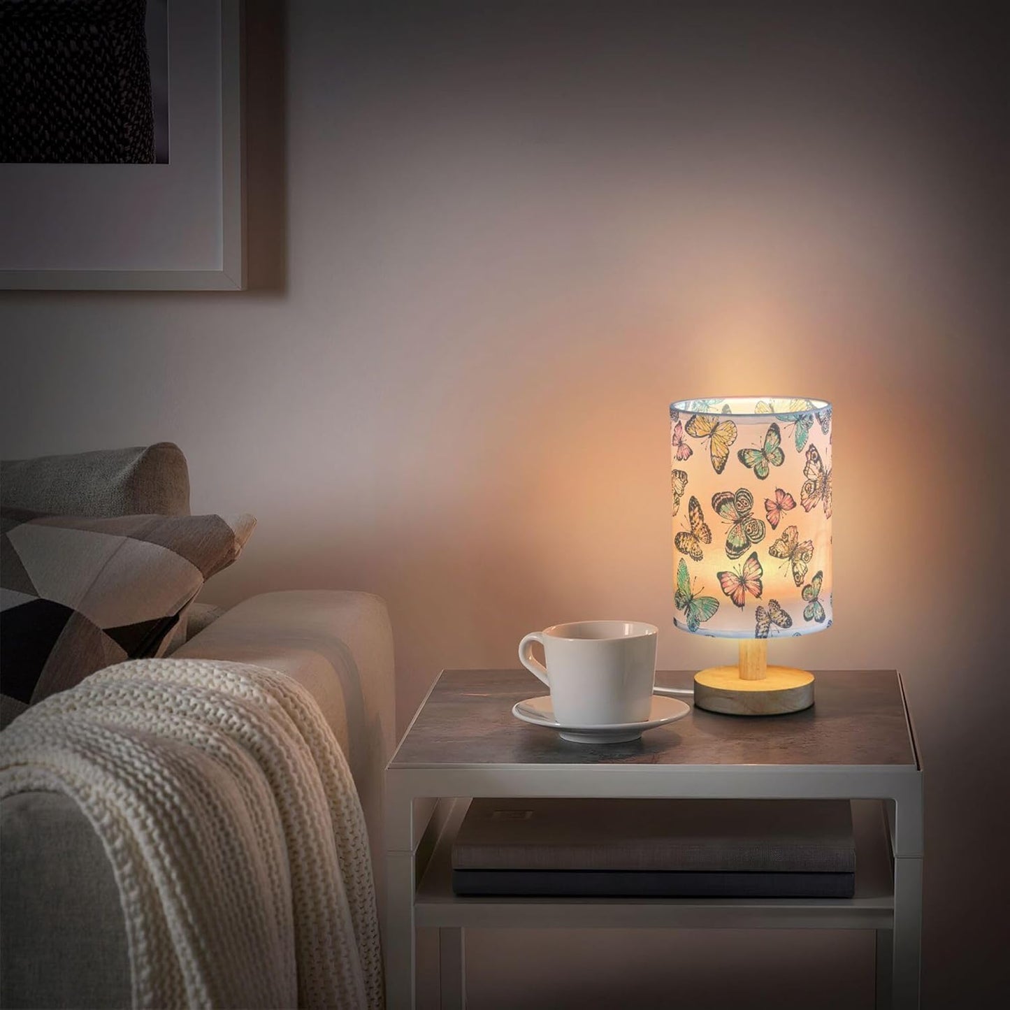 Table Lamp Pretty Butterflies Nightstand Lamp with Wood Base Fabric Lamp Shade Bedside Desk Lamp for Living Room Bedroom Kids Room Office