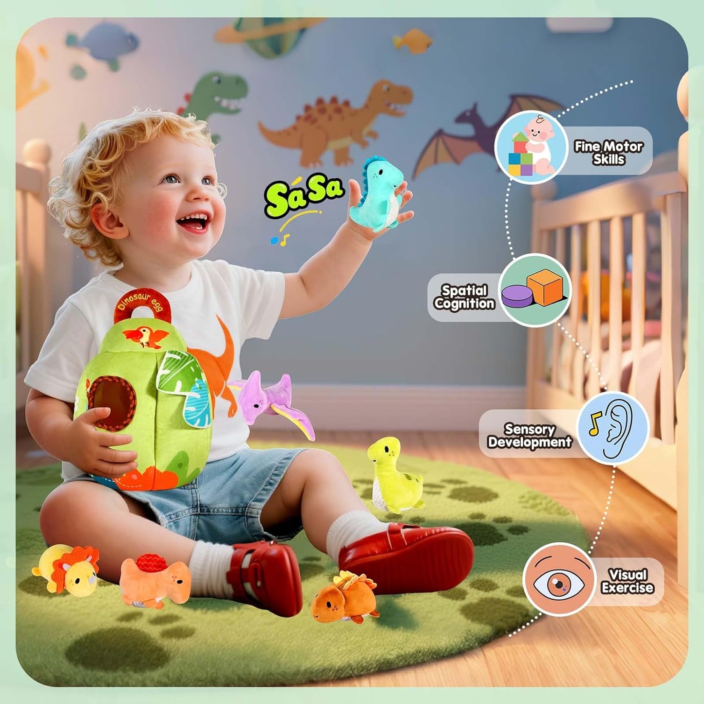FREYBLI Baby Toys 6-12 Months - Soft Dinosaur Toy with Rattle, Crinkle Paper, Squeaker, Mirror - Baby Sensory Montessori Toys for 6 Month Old Developmental, 1 Year Old Boy Girl Gifts Toys