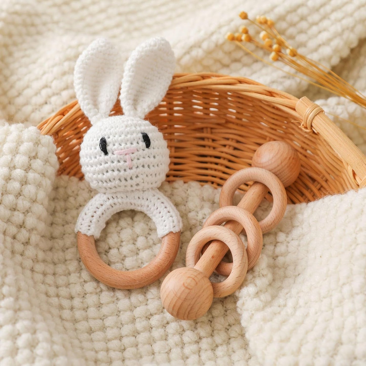 Wooden Baby Rattle, Crochet White Bunny Rattle and Wood Rattle Set, Newborn Wooden Animal Rattle Toy, Baby Wooden Rattle Toy 2PCS
