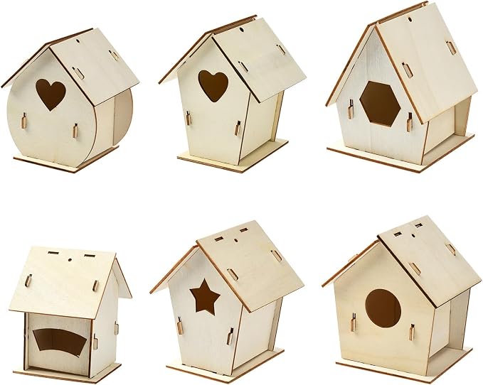 6 Sets 6 Styles Breeding Box Theme Unfinished Wood Bird House Hollow Star