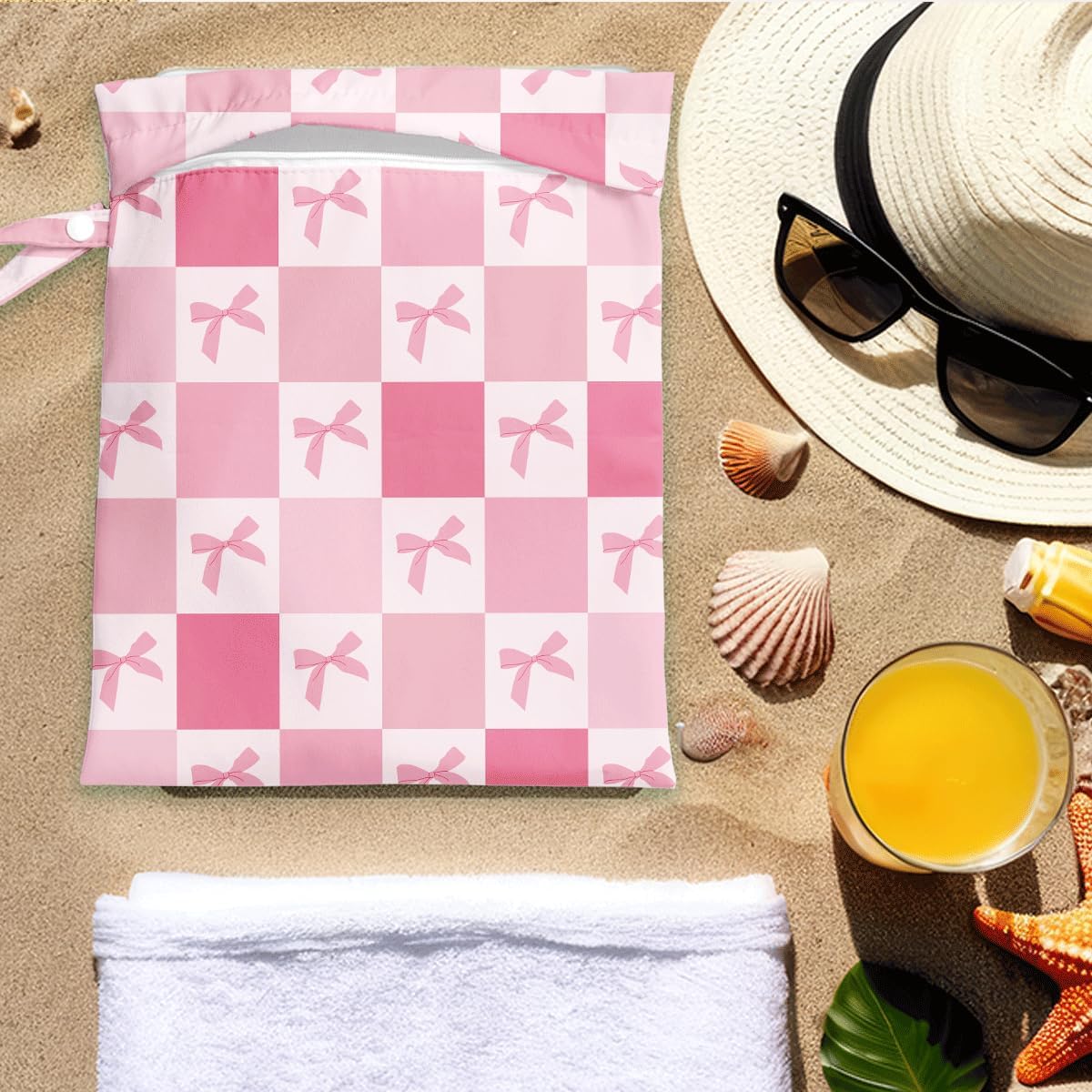 Wet Bag for Swimsuit Pool Travel Baby Cloth Diapers Dirty Yoga Gym Clothes Beach Bags Summer Gifts for Women Men Beach Vacation Essentials Pink Bow Checker Waterproof Wet Dry Bag Travel Laundry Bags