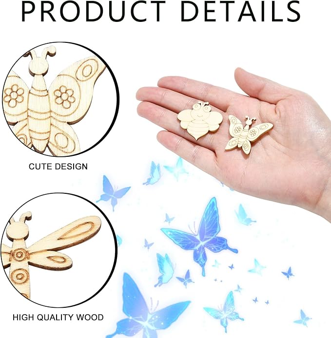 200 Pcs Unfinished Wooden Cutouts Insect Butterfly Bird Shapes Wooden Craft