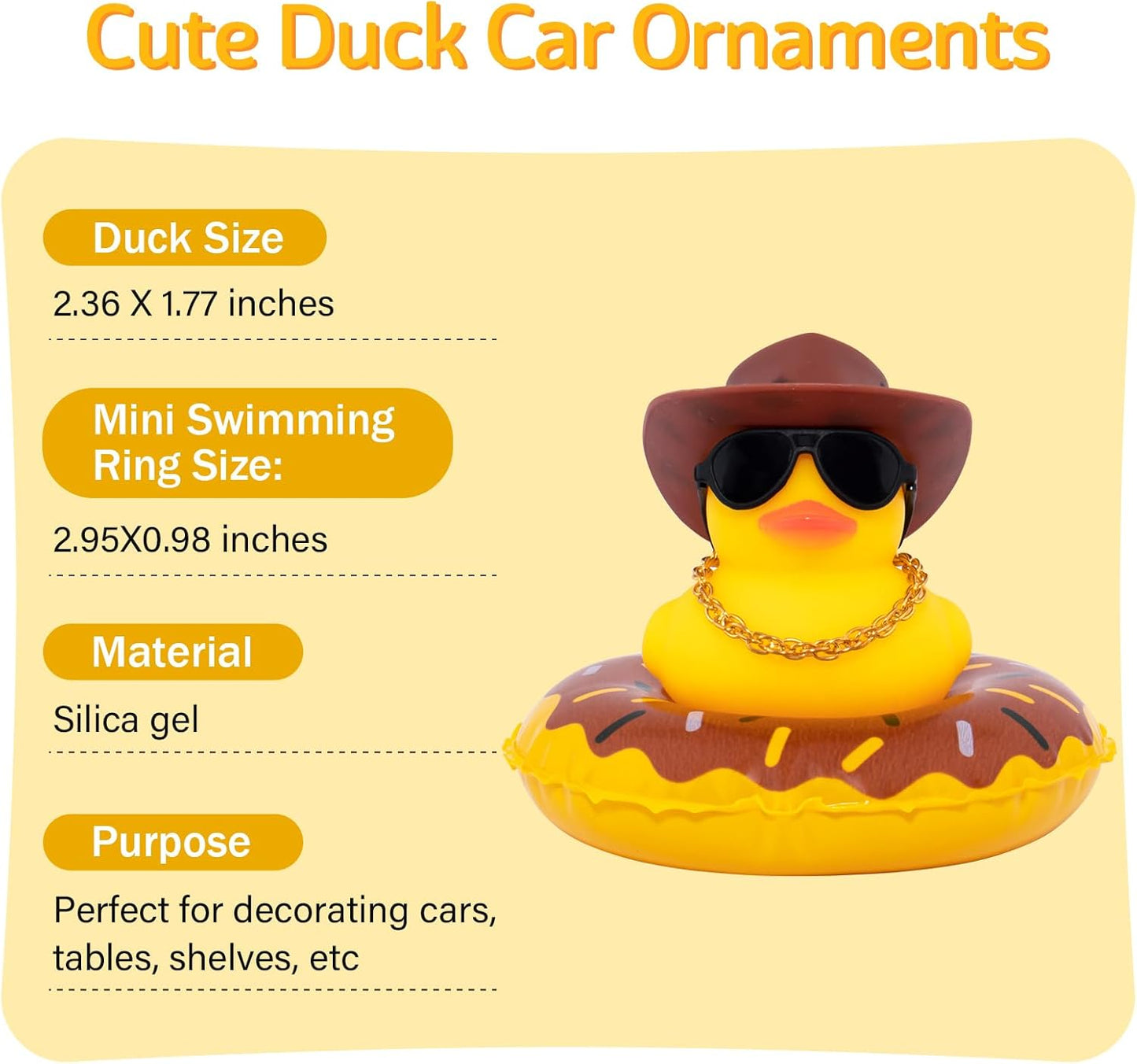 wonuu Car Rubber Duck, Yellow Duck Decoration Dashboard with Sun Hat Swim Ring Necklace Sunglasses for Car Dashboard Decorations, Black Spots Brown Cowboy Hat-Brown Donut