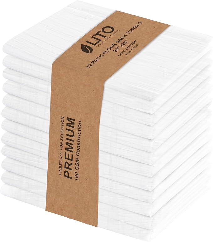 LITO LINEN AND TOWEL Flour Sack Towels – 100% Cotton, 28x28 Inches, Highly