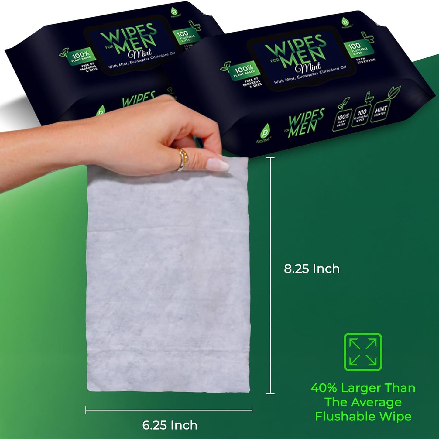 Pursonic Soft Mint Scented Flushable Wipes for Men - 12 Pack (1200) Plant Based Face and Body Wipes with Aloe Vera & Vitamin E - Extra Large Wipes for Gentle & Thorough Cleansing