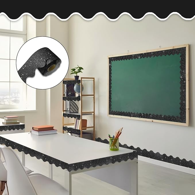 70Ft Shine Black Bulletin Board Borders，Scalloped Poster Boards Decorations Trim