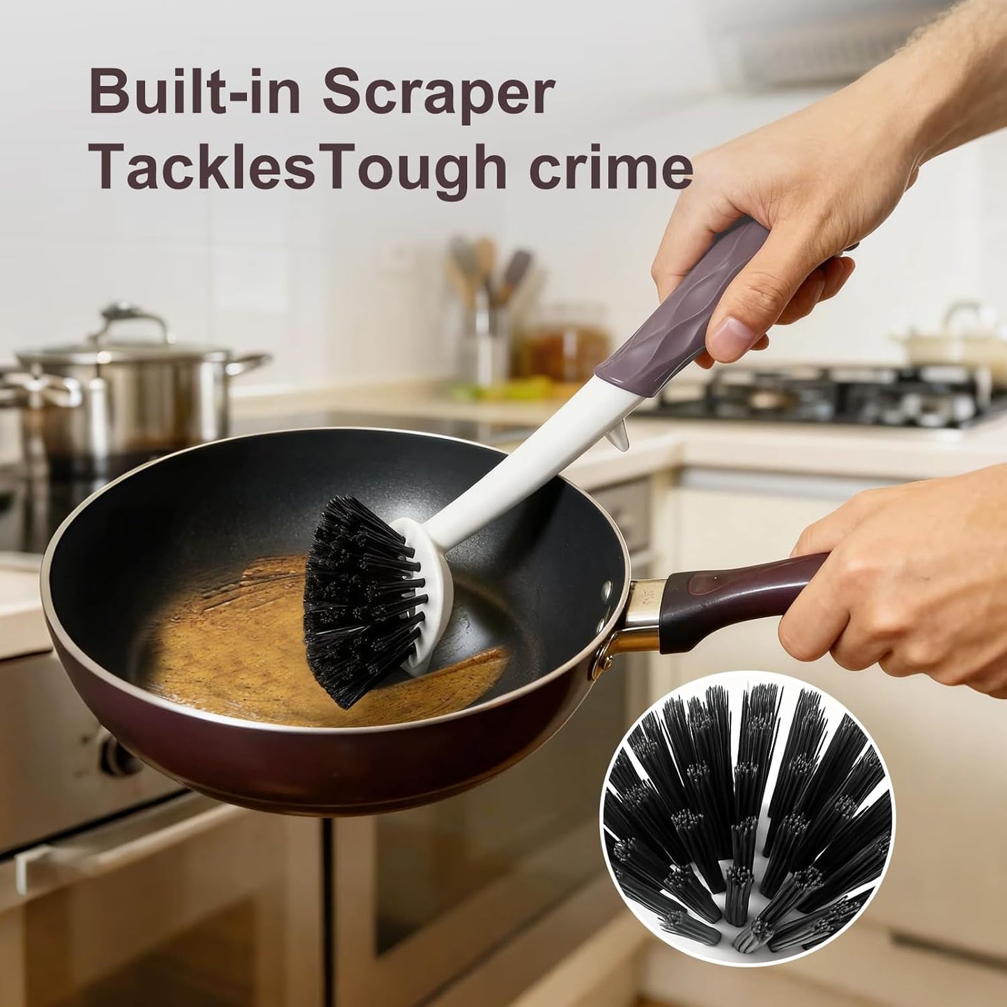 Dish Brush, 2 Pack with Comfortable Handle, with Built-in Scraper, Scrub Brush with Stiff Bristles for Cleaning Dishes, Sink, Pots (Brown)