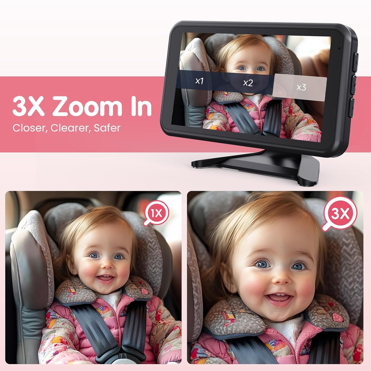 BM2A Baby Car Camera – 3X Zoom to See Baby Clearly, 5.2" 1080P Display & Auto IR Night Vision, Rear-Facing View Monitor, Easy Install for Parents & Pet Owners