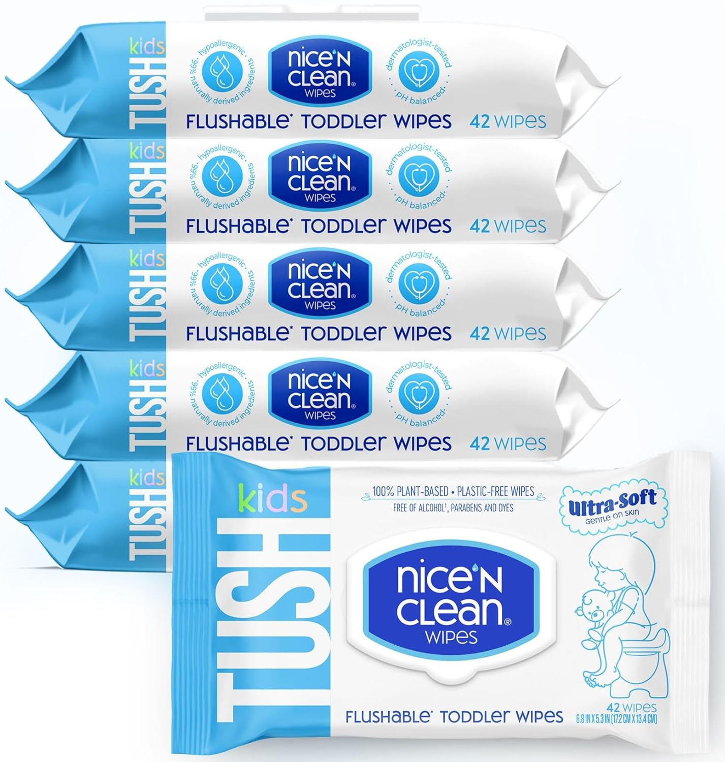 Nice 'N CLEAN Flushable Toddler Wipes 42ct (6-Pack) | 100% Plant-Based, Unscented Wet Wipes for Sensitive Skin | Potty Training Essentials | Flushable Baby Wipes for All Ages
