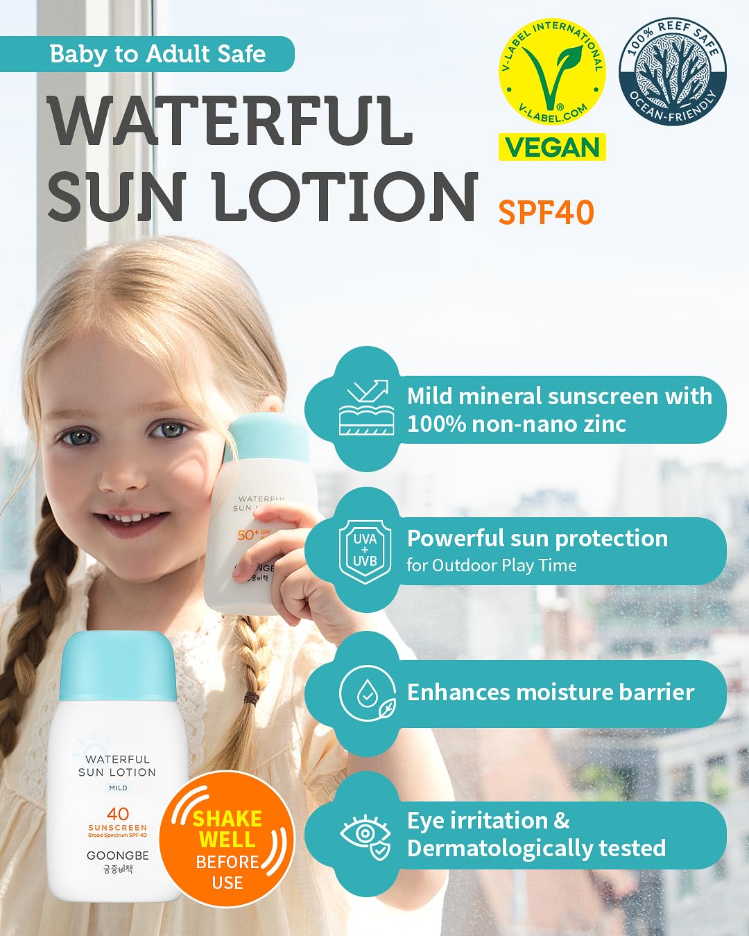 GOONGBE Waterful Sun Lotion Mild SPF 40 - Zinc Oxide Water Resistant Mineral Sunscreen for Babies, Kids & Adults - Hypoallergenic, Vegan, Reef-Safe - Korean Sun Care for Sensitive Skin, 2.82 fl.oz.