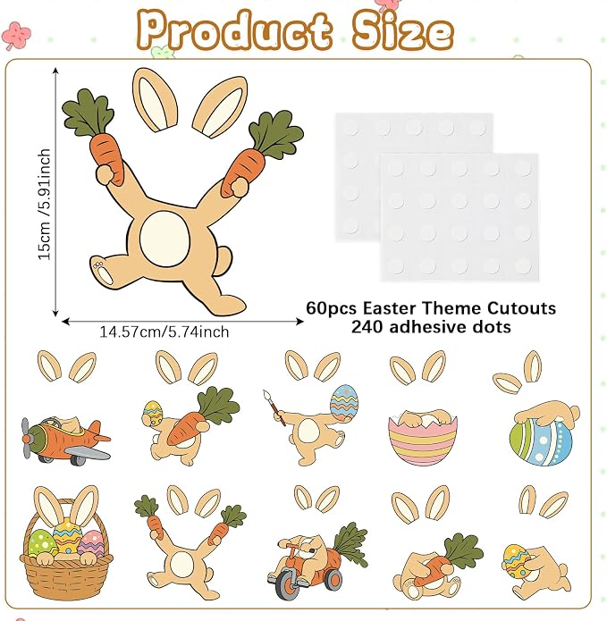 60pcs Easter Theme DIY Cutouts Easter Bunny Eggs Bulletin Board Decoration Set