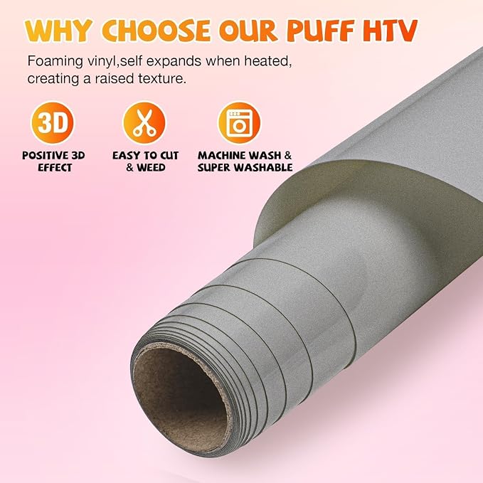 VinylRus Silver Puff Heat Transfer Vinyl -12” x 6ft Puffy 3D Grey Iron on Vinyl