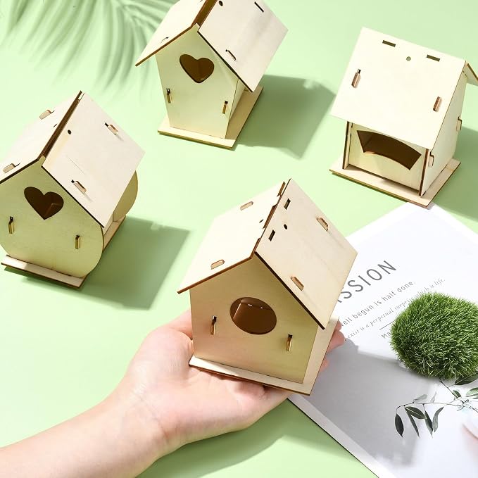 6 Sets 6 Styles Breeding Box Theme Unfinished Wood Bird House Hollow Star