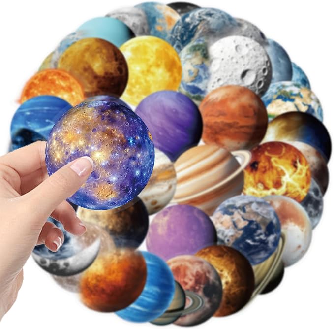 50PCS Transparent Planet Space Stickers, Waterproof PET Decals, Realistic Solar
