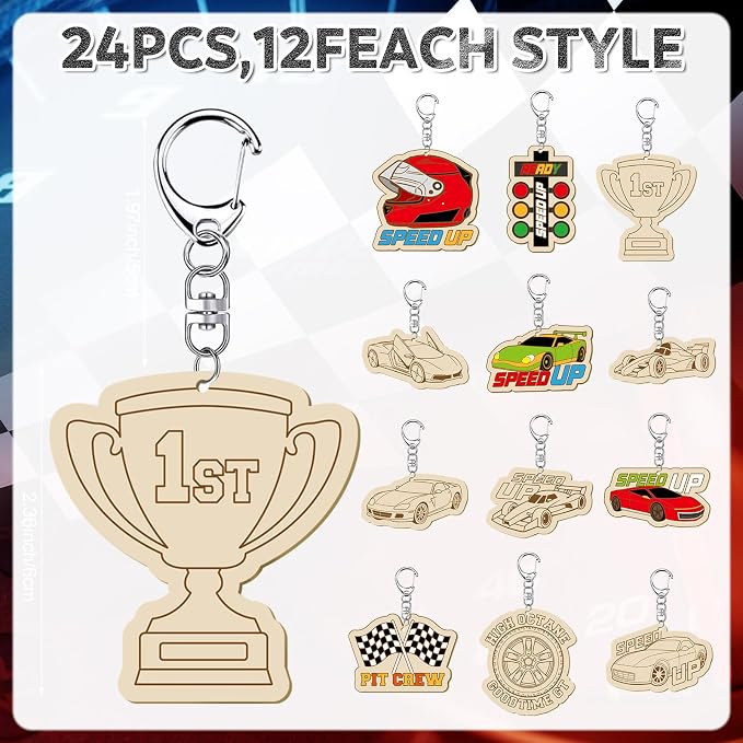 RattanView 24 Pcs Race Car Craft Color Your Own Keychains Diy Craft Wooden