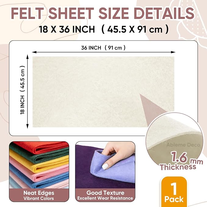 Soft Felt Fabric Sheet 18" x 36", 1.6mm Acrylic Craft Felt, Ivory | Soft Thick