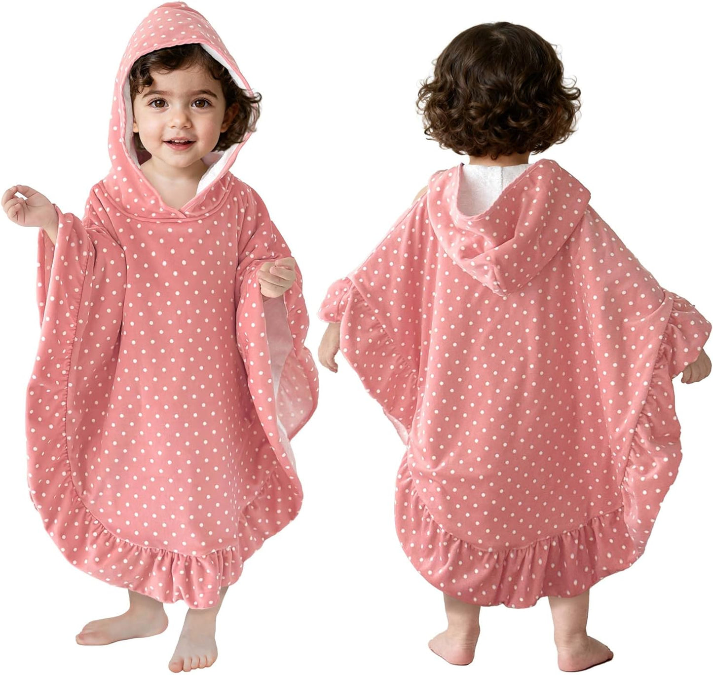 VOOVA & MOVAS Baby Hooded Towel Poncho with Ruffle Trim | Soft 100% Cotton | Absorbent Thick Towel for Bath, Swim, Beach & Winter | Cozy, Pink White Dot