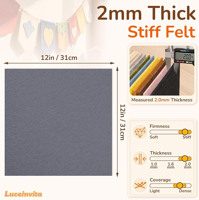 2mm Stiff Felt Sheets 12" X 12" | Thick Polyester Felt Material, DIY Craft