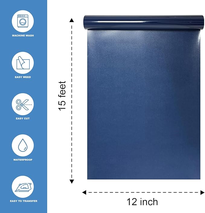 Dark Blue Heat Transfer Vinyl HTV Roll Matte PU 12" x 15 ft. | Easy to Cut
