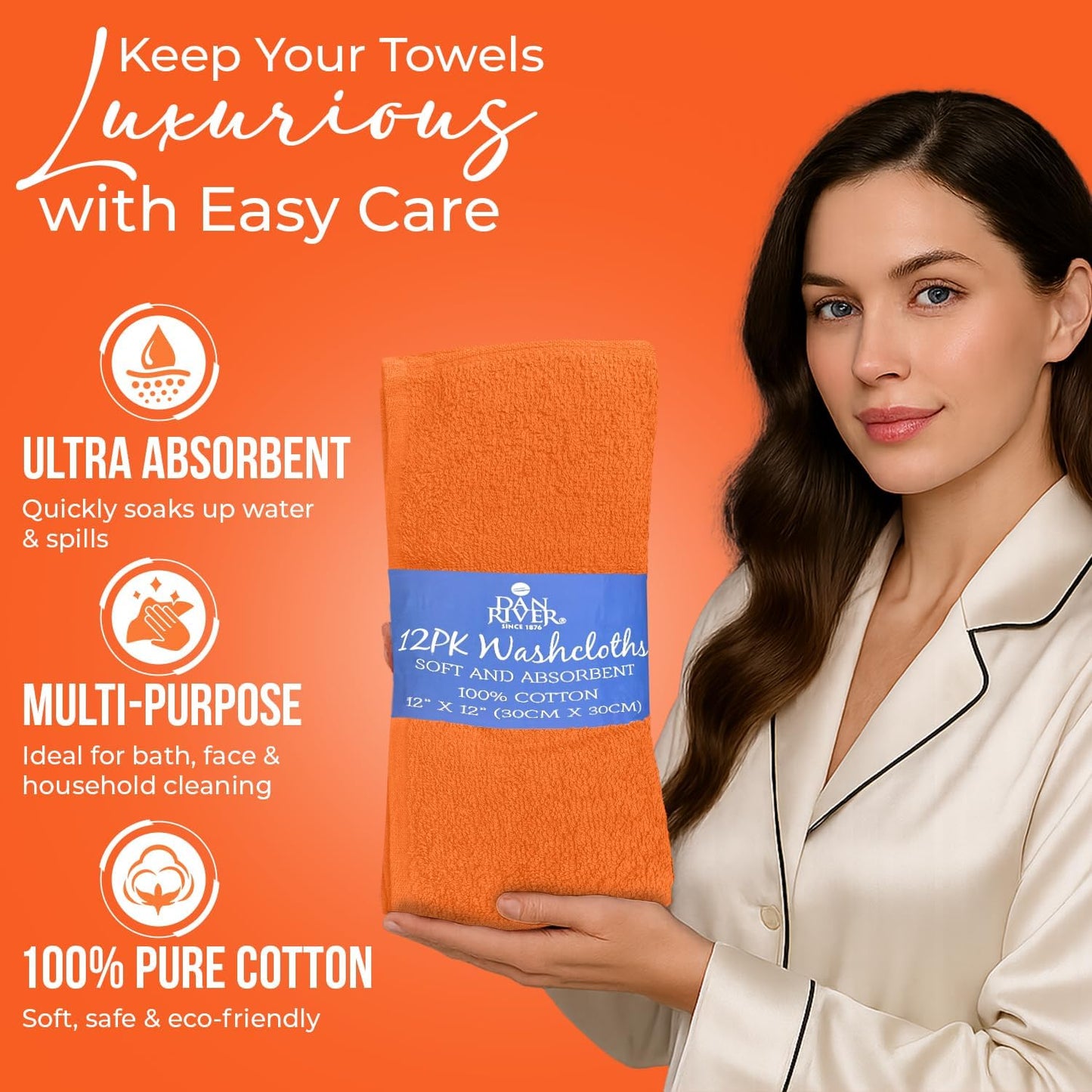 DAN RIVER 100% Cotton Wash Cloths 12 Pack [12x12] Soft & Absorbent face Cloth, Gym, Hotels & Spa Perfect for Everyday Use Fingertip Towels, Orange