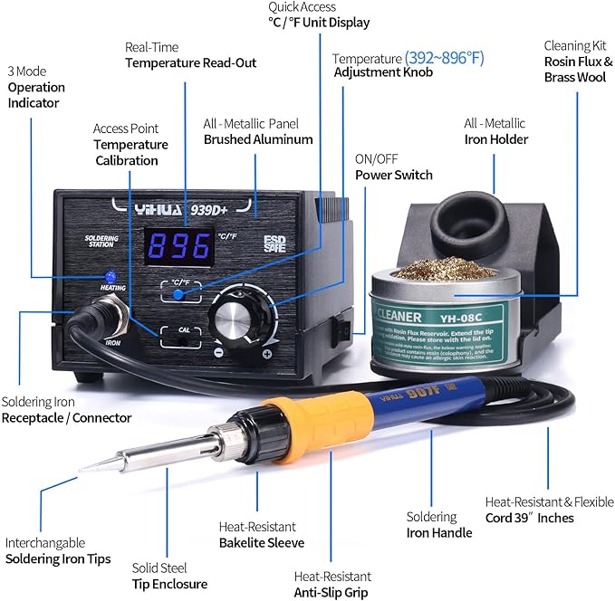 YIHUA 939D+ Digital Soldering Station, 75 Watt Equivalent with Temperature Control, °C/°F Display. ESD safe for Electronics. Aluminum Panel (Resists Burn). Solder Tips, Lead-free Solder & Extras