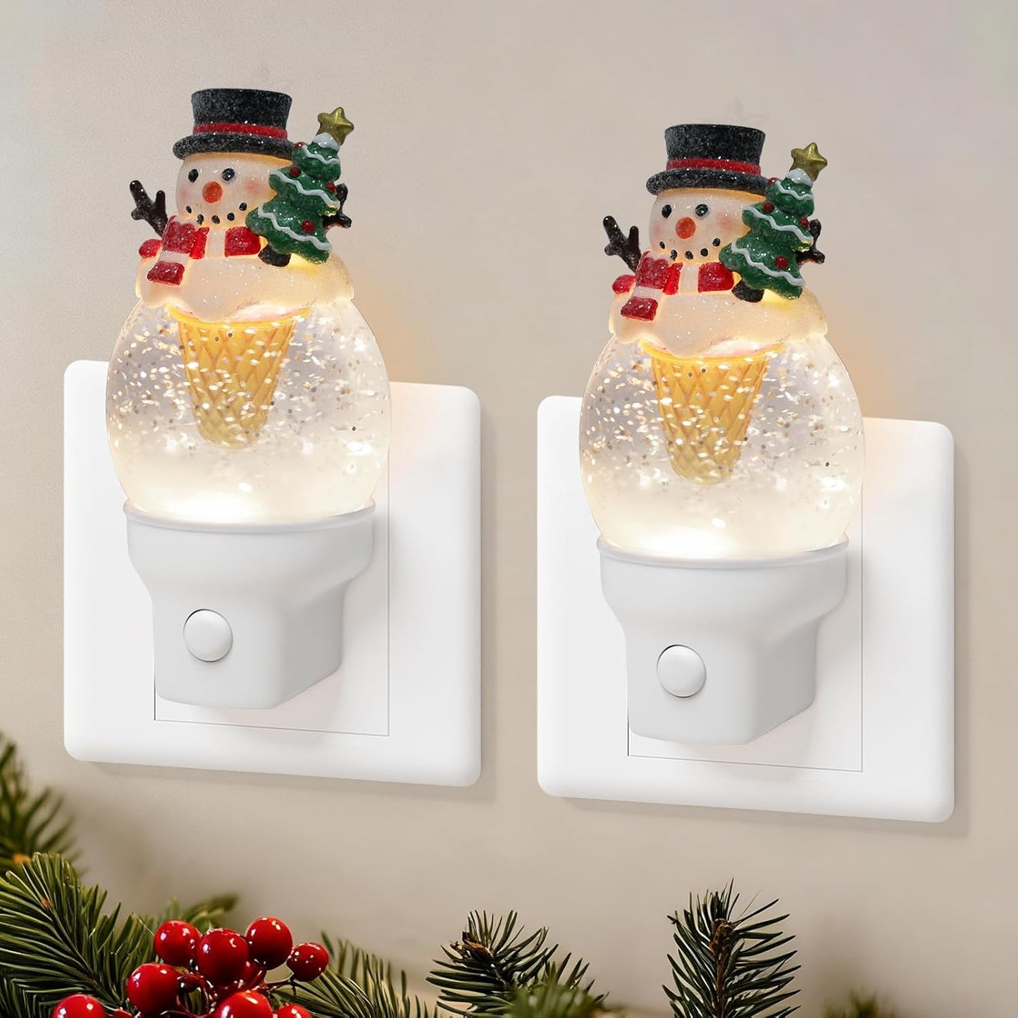 2 Pack Christmas Night Light Plug into Wall Glitter Water Nightlight with USB/Outlet Options, Christmas Snowman Ice Cream Decorative Nightlight for Holiday Decorations Gifts (Snowman Ice Cream)
