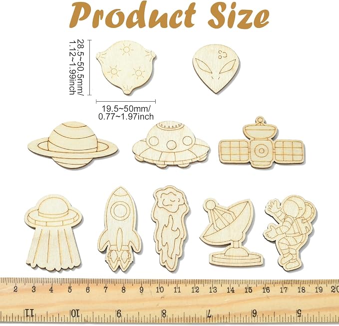100 pcs Mixed Styles Universe Theme Unfinished Wooden Cutout Charms Alien