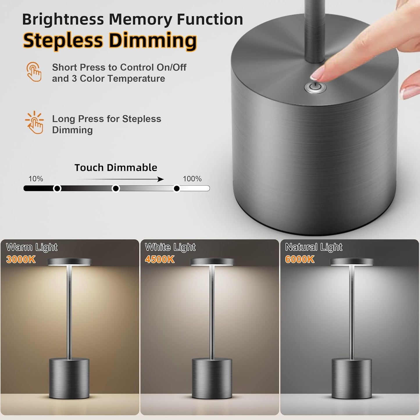Cordless Table Lamps Rechargeable - Outdoor Waterproof LED Table Light Portable 5000mAh Battery Operated Lamp 3 Color Stepless Dimming with Memory Function for Restaurant Dining Patio Grey