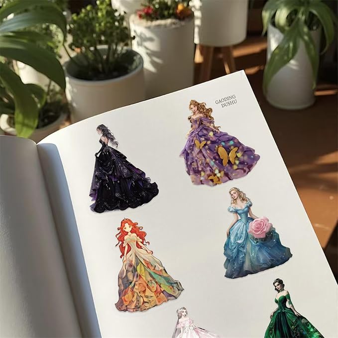 PET Transparent Princess Gown Stickers, Colorful Ball Gown Stickers Gift