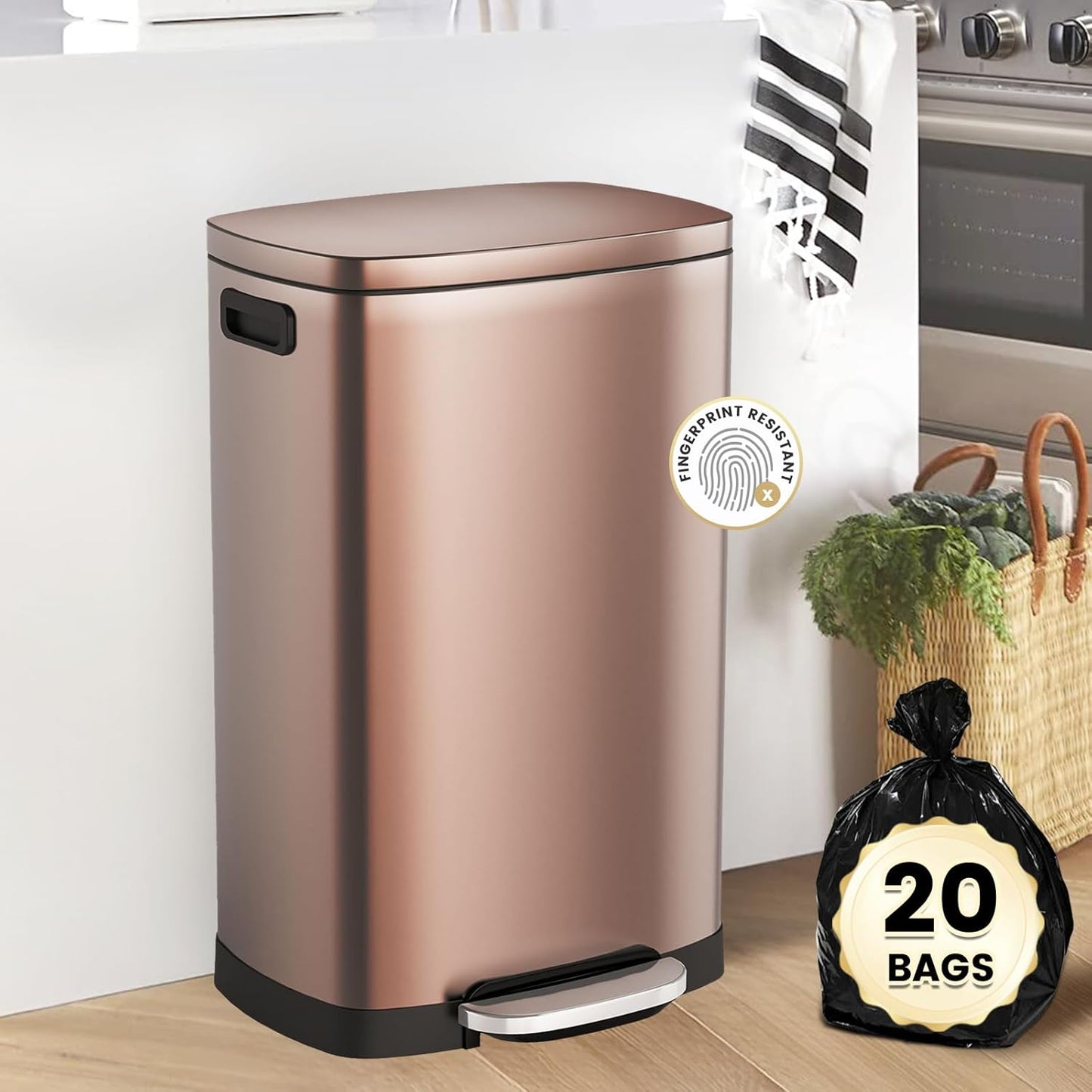 ELPHECO Kitchen Trash Can with Lid Soft Close, 13 Gallon / 50L Stainless Steel Pedal Garbage Can, Heavy-Duty Step Wastebasket with 20 Bags, Removable Bucket, Home Office, Champagne