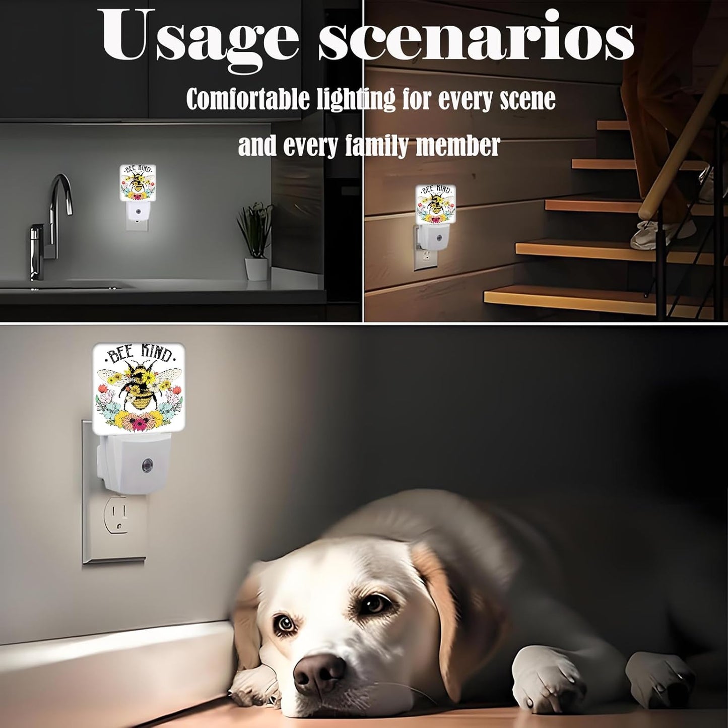 Bees and Flowers Night Light,Plug Into Wall for Boys Girls Bedroom Decorative Square Night Light Lamp 0.5w Sleep Friendly