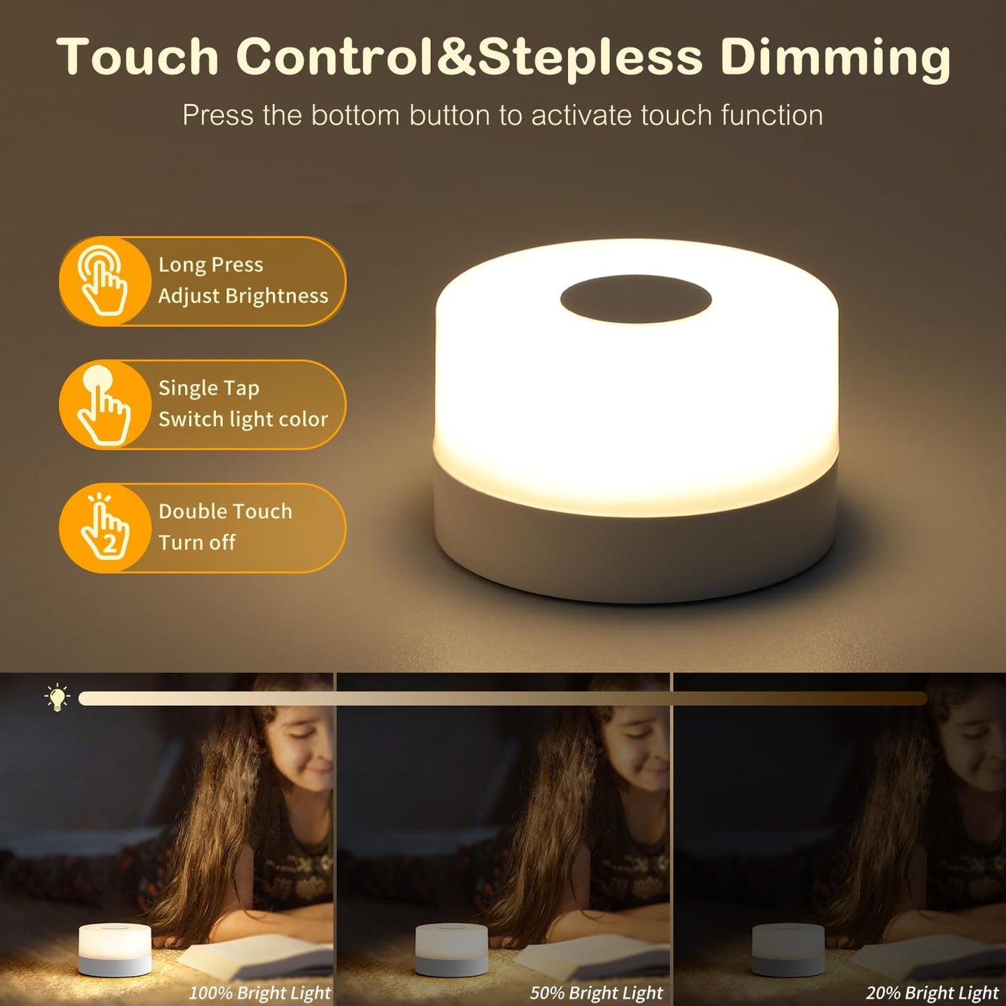 JUSHENG Baby Night Lights for Nursery, 3 Color Temperature Selectable & Dimmable, Rechargeable LED Bedside Lamps Touch Light for Nightstand, Breastfeeding, Nighttime Diaper Changes, White
