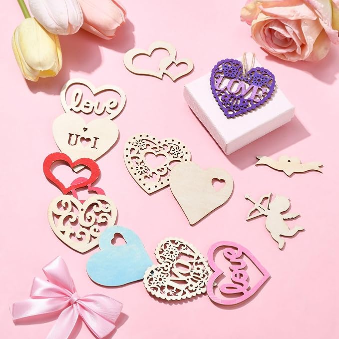 45 pcs Mixed Styles Heart Theme Unfinished Wood Cutout Charms Love Sweet Wood