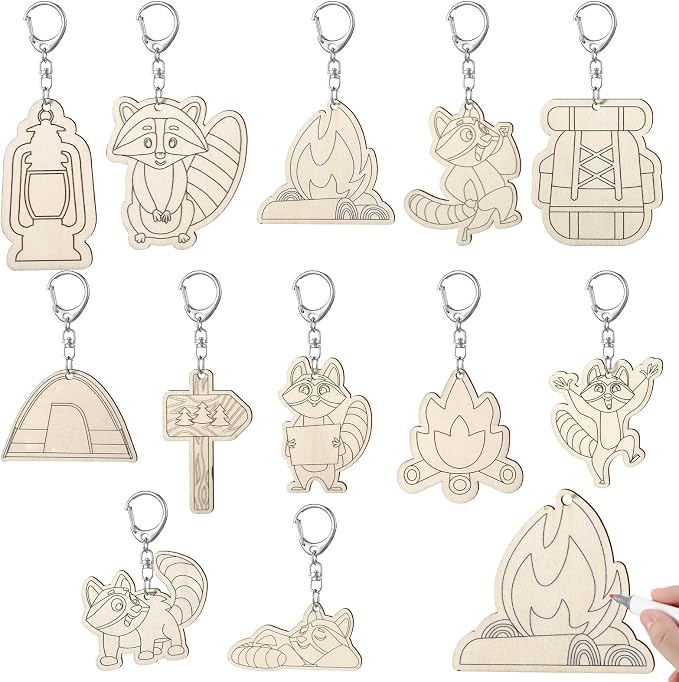 RattanView 24 Pcs Camp Craft Color Your Own Keychains DIY Craft Wooden Blank