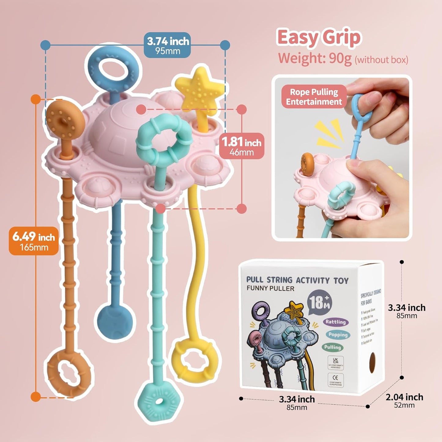Montesorri-Toys - Pull String Toys for Baby - Made of 100% Food Grade Silicone with Built-in Rattle Function and Easy to Clean Design (Pink)