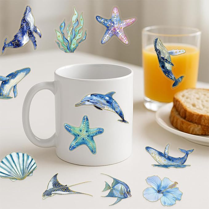 50PCS Marine Animal Stickers Aesthetic Transparent PET Sticker Gold foil