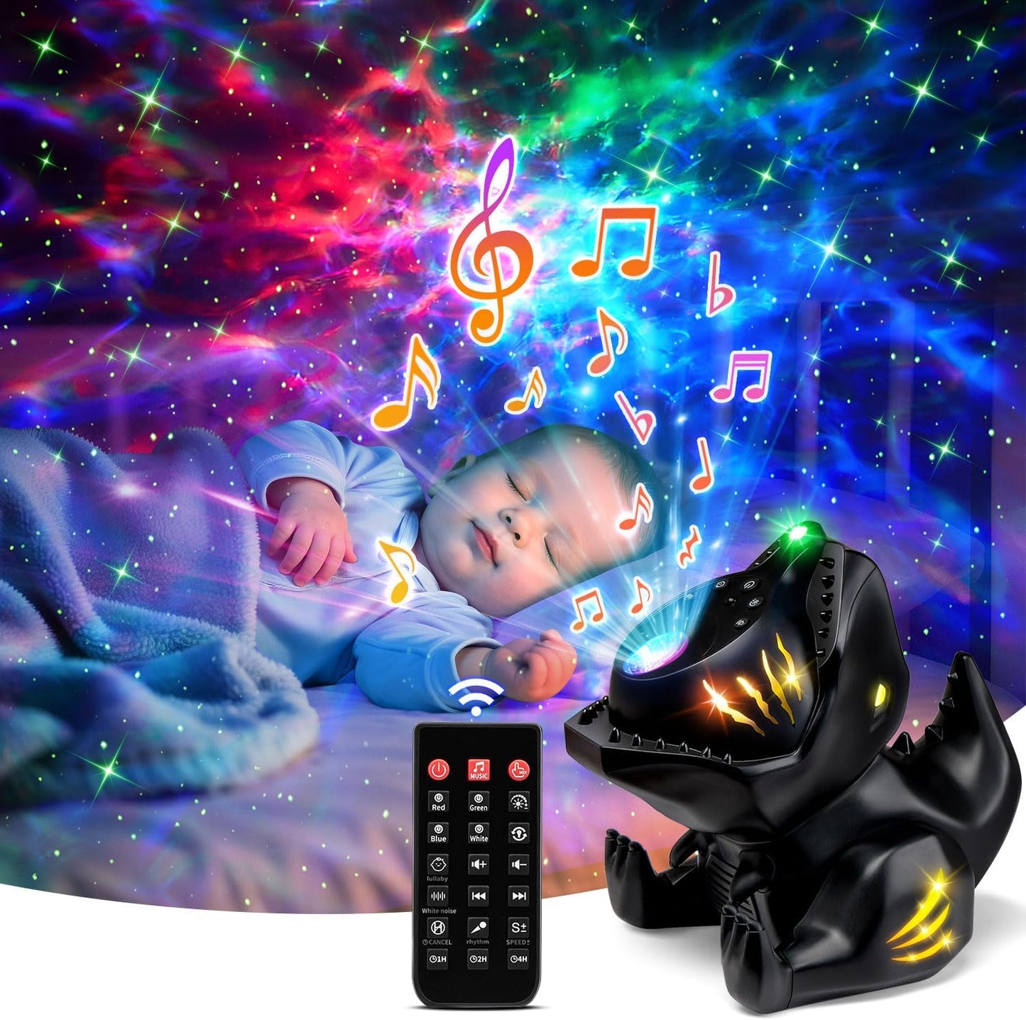 PIKOY Dinosaur Night Light & Sound Machine Baby | 22 White Noises+18 RGB Colors Galaxy Light Projector & Soothing Music | Bluetooth Speaker+Remote+Timer White Noise Machine | Dinosaur Gifts for Boys