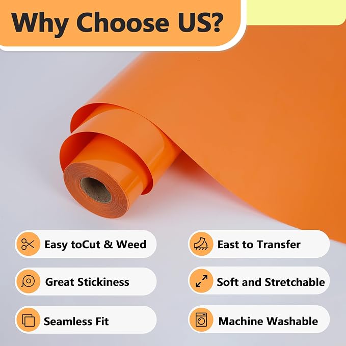 RENLITONG Orange Iron on Vinyl 12Inch by 13ft Roll Heat Transfer Vinyl