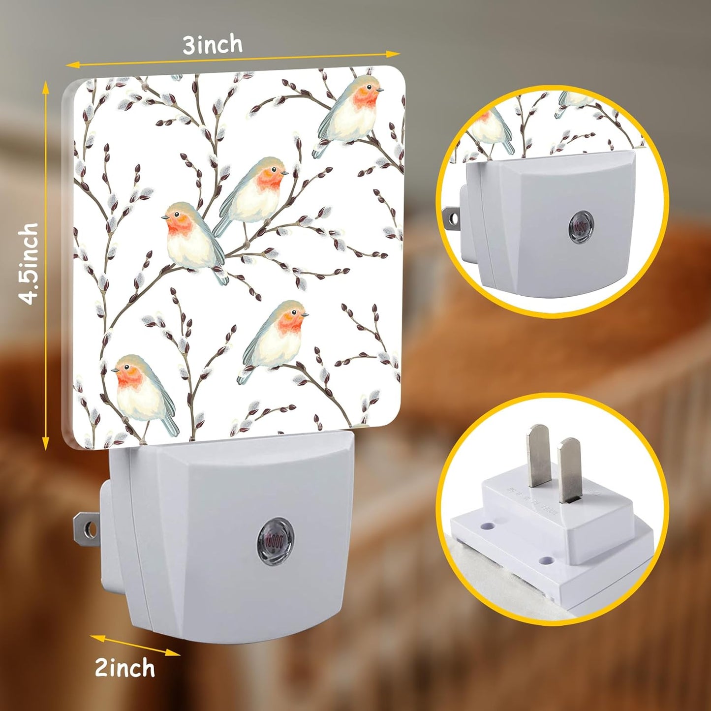 Teal Orange Robin Birds on Willow Branches Night Light for Kids Girls Boys,LED Night Light Plug into Wall with Dusk to Dawn Sensor for Room Decor,Hallway,Kitchen,Bathroom,Nursery,Stairs