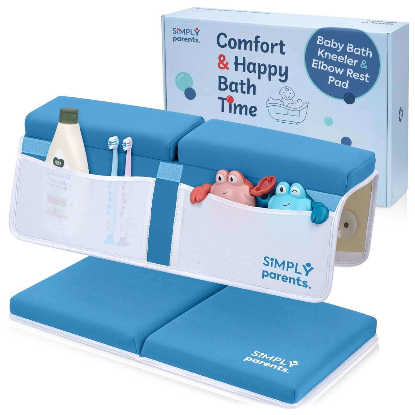 Simply Parents Comfortable Baby Bath Kneeler and Elbow Rest Pad Set - Quick-Dry Non-Slip Bath Kneeling Pad for Bathing Baby, Baby Bath Time Essentials for Newborn, Baby Bath Accessories for Tub, Blue