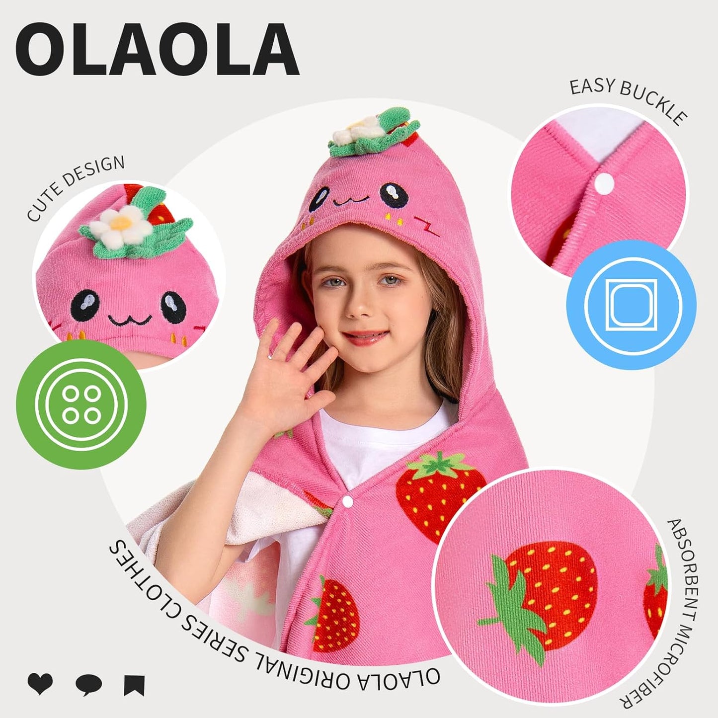 OLAOLA Strawberry Hooded Towel for Kids 3-12 Years, 28" x 53" Soft Thick Absorbent Beach Towels, Toddler Bath Towel Wrap Swim Pool Towels Poncho for Boys Girls
