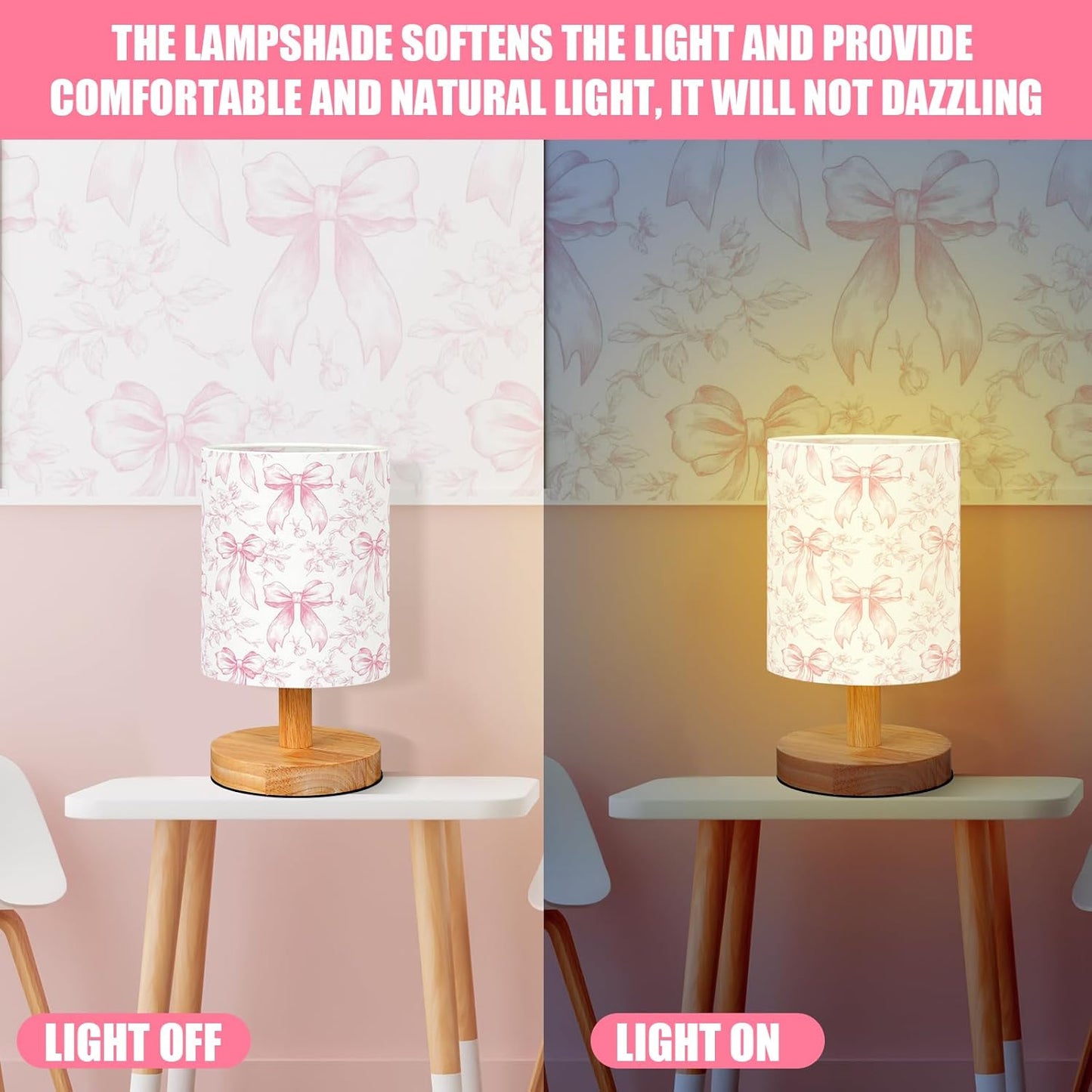 VIHOSE Floral Bow Kids Table Lamp for Bedroom Kids Bedside Lamp with Linen Wooden Nightstand Cartoon Nursery Lampshade for Girls Boys Living Room