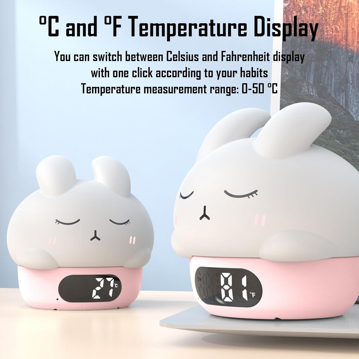 Cute Bunny RGB Rechargeable Night Light, Soft Silicone Lampshade, Adjustable Brightness LED Clock, Date, Alarm, Thermometer, Timer, Tap Control, Bedroom Lamp, Gift for Girl and Kid (Pink Bunny)