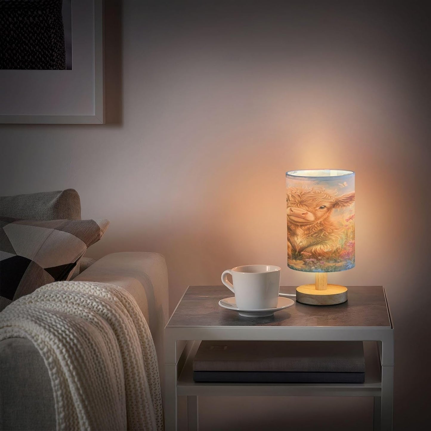 Highland Cow Flowers Table Lamp Bedroom Bedside Night Reading Desk Lamps Cylinder Nightstand Sleeping Light Lamp for Kids Living Room Office Decor