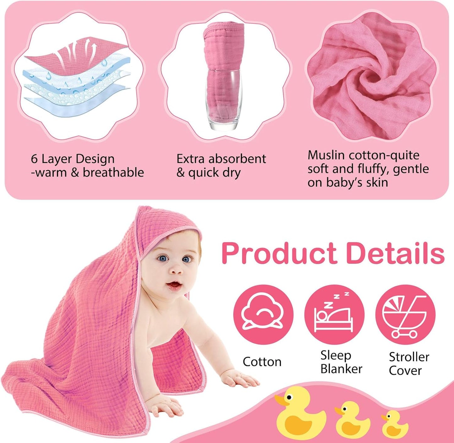 Peryiter 4 Pcs Muslin Hooded Baby Towels, 32"x 32" Cotton Newborn Bath Towel Muslin Infant Baby Blankets Absorbent Unisex Christmas Registry Gift Essentials for Girls Boys (Pink Series)