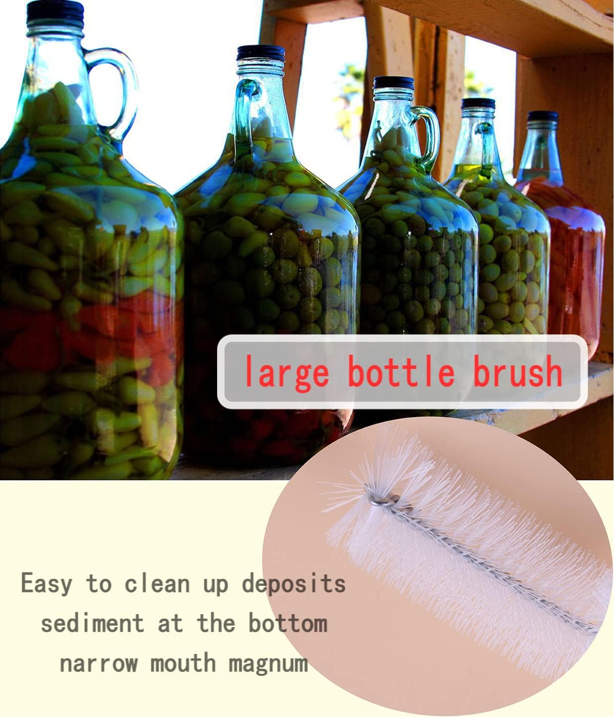 Carboy Brush, Cleaning 2 Piece 30 inch Nylon Brushes, and Stainless Steel Extended Handle Water Bottle Brushes for 3 5 6 6.5 Gallon Glass Jugs Fermenters L-Bend Wire DHUAYT47665