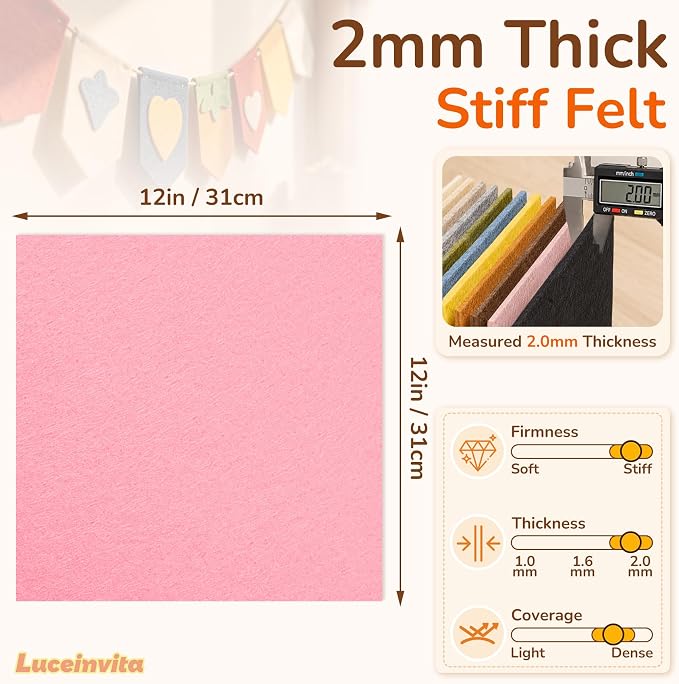 2mm Stiff Felt Sheets 12" X 12" | Thick Polyester Felt Material, DIY Craft